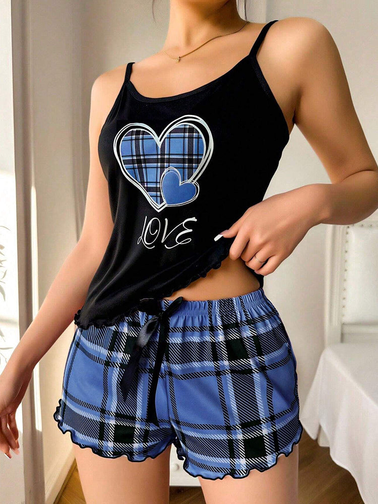 V-Neck Spaghetti Strap Shorts Lace Patchwork Homewear Set