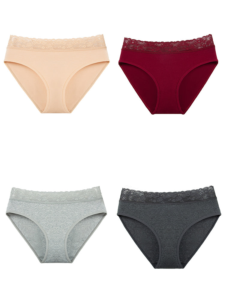 4 Packs Women's Flattering Lace Cotton Stretch Panties