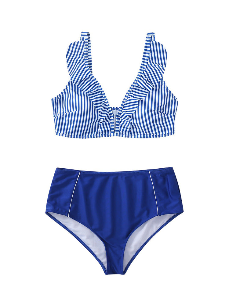 Lovely Blue Striped Print Two Piece Swimsuit Bikini Set