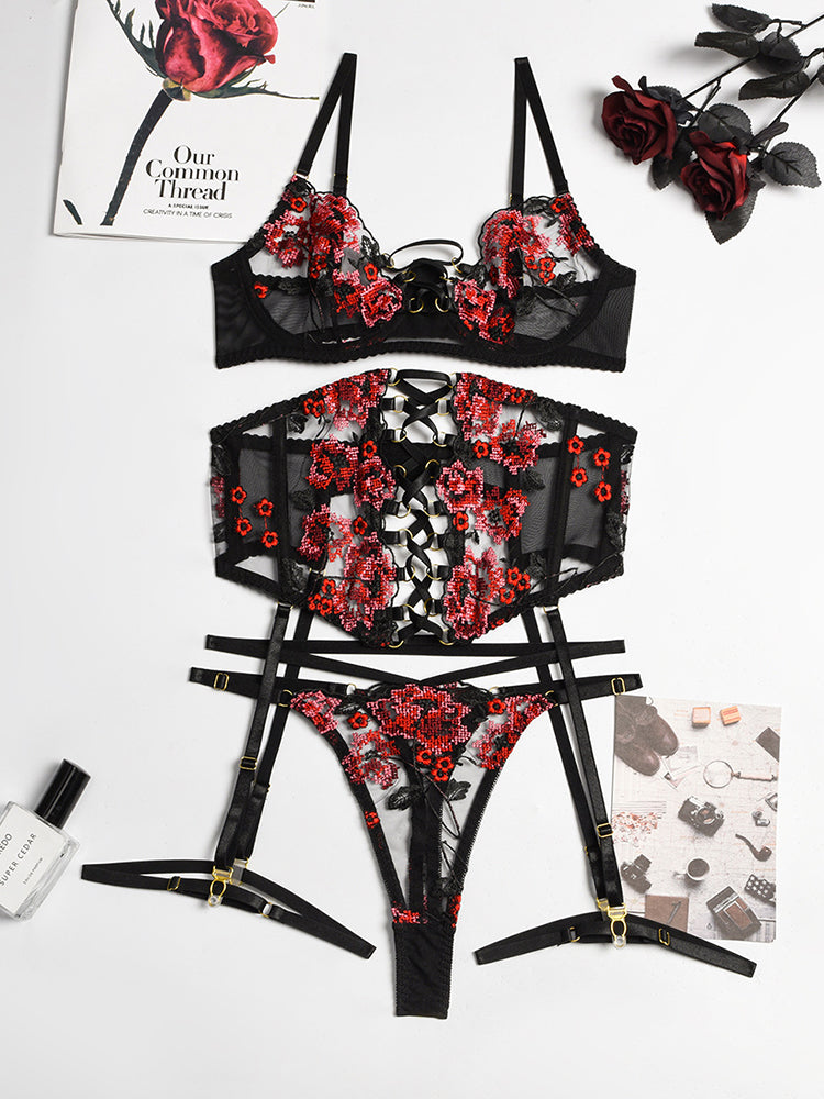 Three-piece Floral Embroidered Mesh Lingerie Set