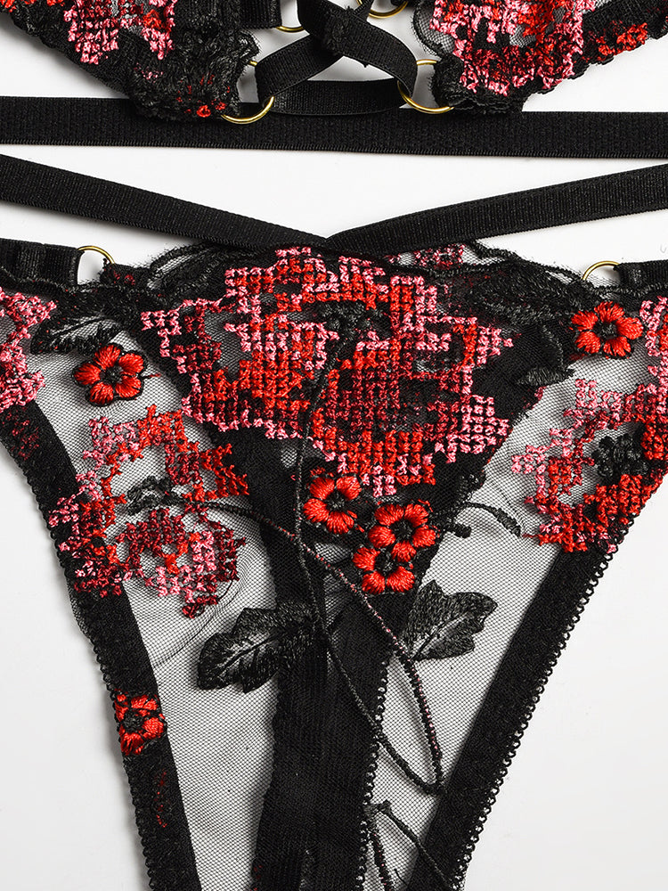 Three-piece Floral Embroidered Mesh Lingerie Set