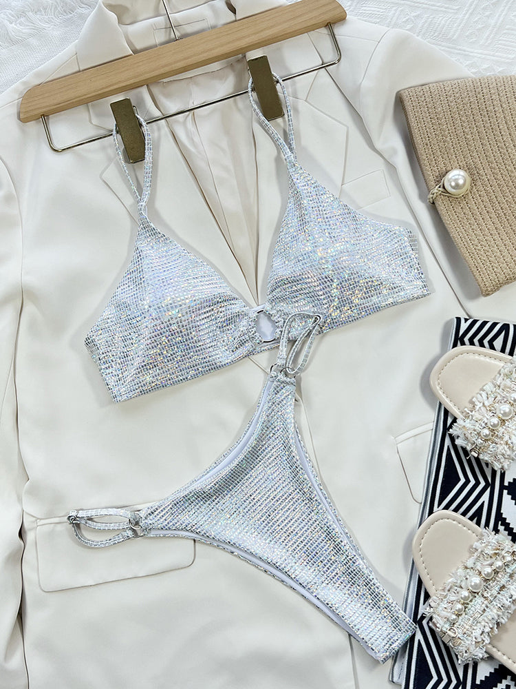 Women's Sparkle Glitter Bandage Bikini Set Swimsuit Triangle Bathing Suit