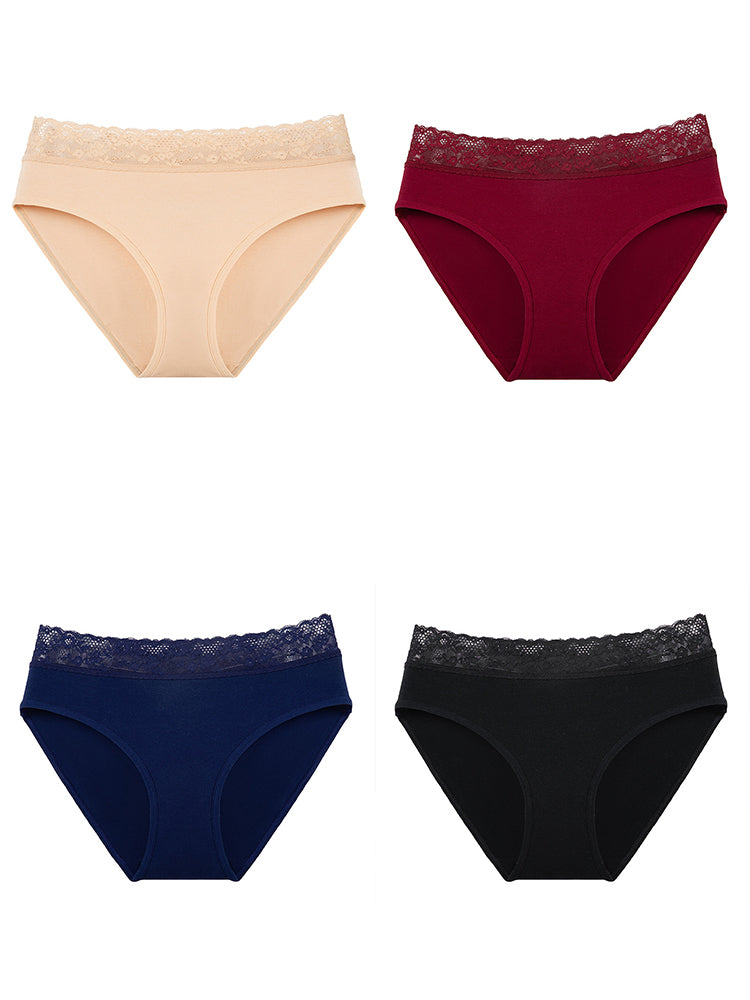 4 Packs Women's Flattering Lace Cotton Stretch Panties