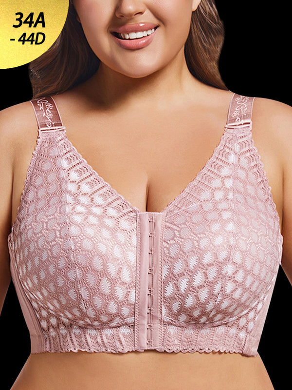 Plus Size Front Closure Minimizing Wireless Bra - Sheer Floral Lace