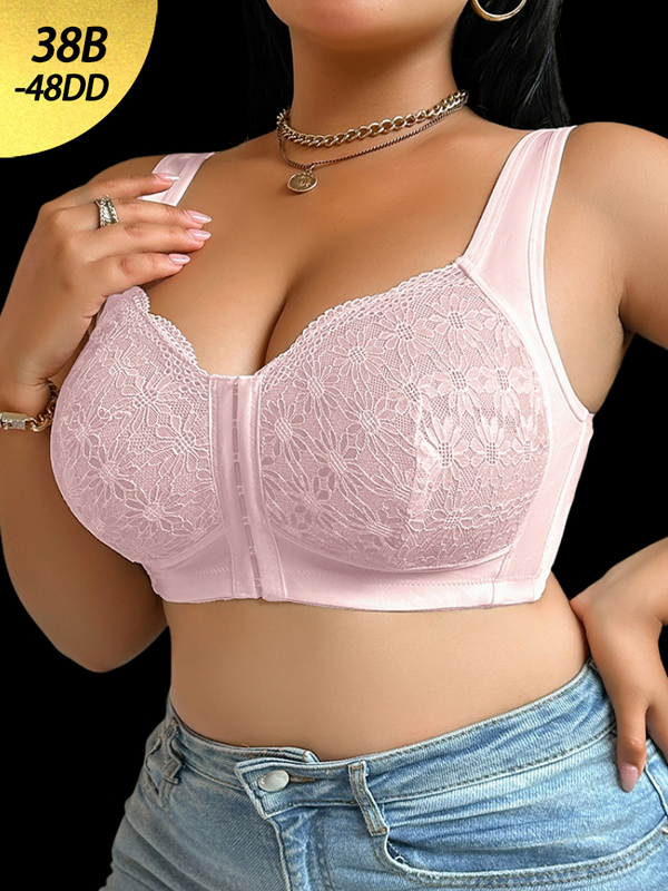 Plus Size Full Cup Lace Embroidered Bra - Wire-Free & Comfortable