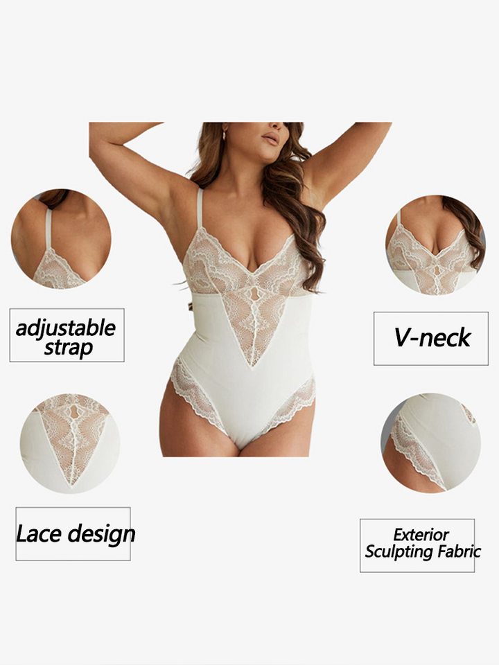 Lace V-Neck Tummy Control Shapewear Thong Bodysuit Shapewear