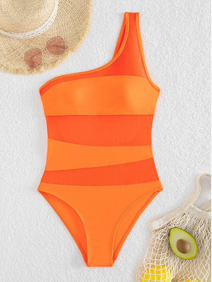 Solid Color Hollow Out Open Back Mesh One-Piece Swimsuit