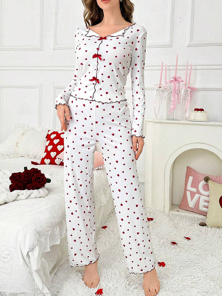 Women's 2-Piece Pajama Set - Heart Print Lounge Wear Long Sleeve Top & Pants