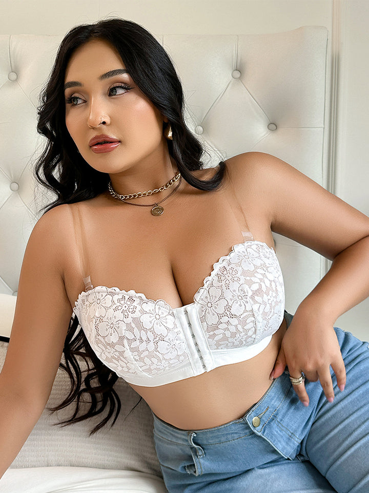 Front Closure Plus Size Push Up Bra - Floral Lace Embroidered Mesh Sheer