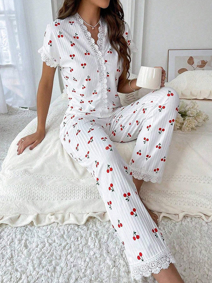 Women's Cherry Print Embroidered Trim Short Sleeve Long Pants Loungewear Set