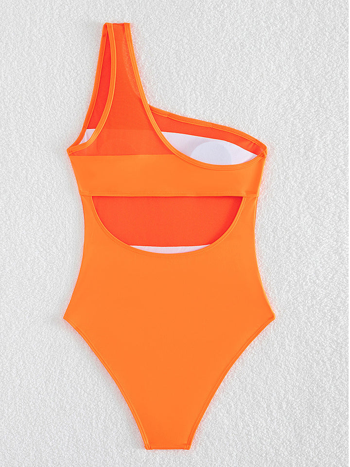 Solid Color Hollow Out Open Back Mesh One-Piece Swimsuit