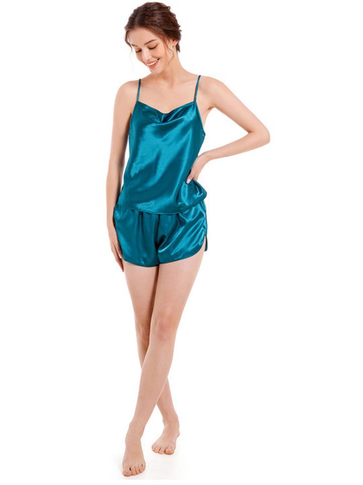 Solid Ice Silk Pajamas Suspenders Shorts Set