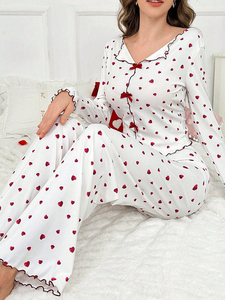 Women's 2-Piece Pajama Set - Heart Print Lounge Wear Long Sleeve Top & Pants
