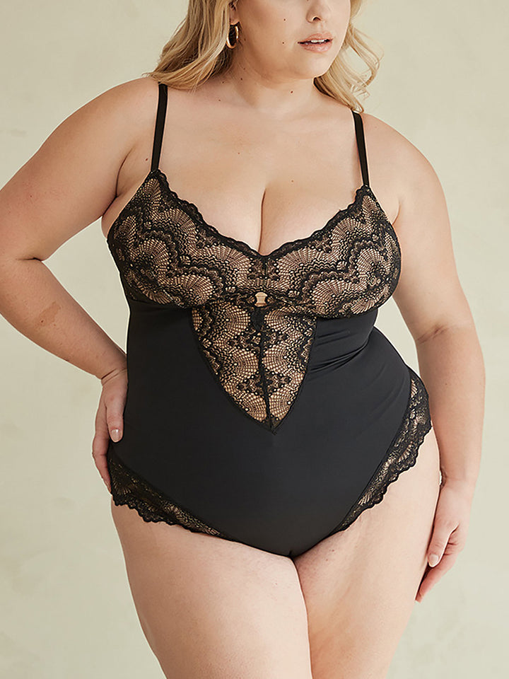 Lace V-Neck Tummy Control Shapewear Thong Bodysuit Shapewear