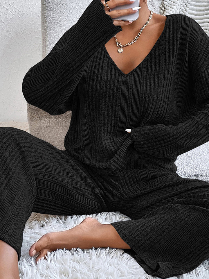 Ribbed Knit Lounge Set with V-Neck for Women