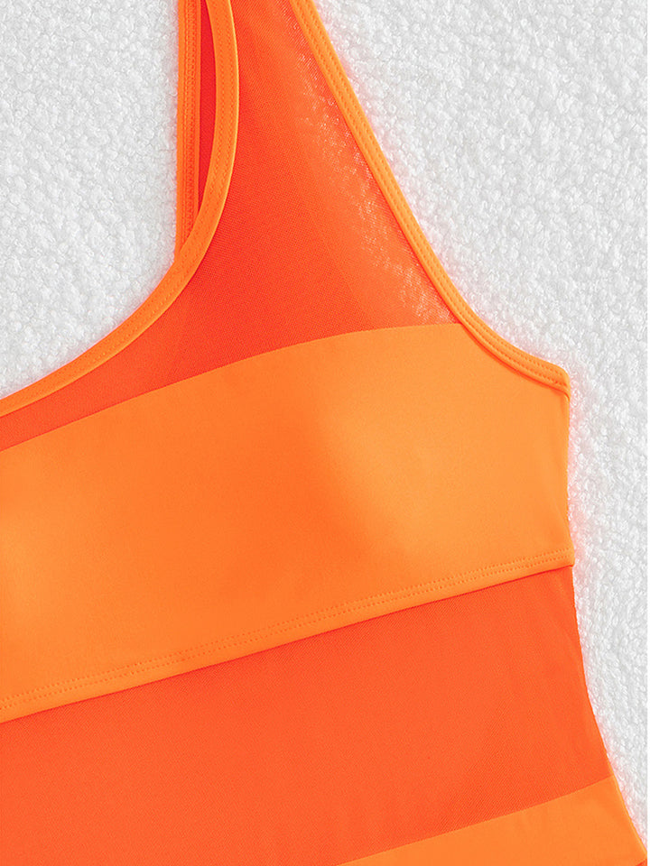 Solid Color Hollow Out Open Back Mesh One-Piece Swimsuit