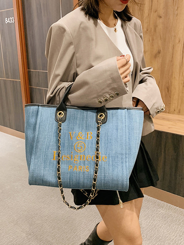 Trendy Denim Large-Capacity Tote Bag