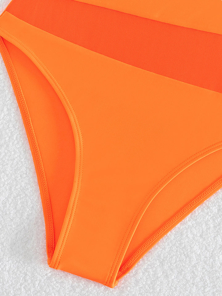 Solid Color Hollow Out Open Back Mesh One-Piece Swimsuit