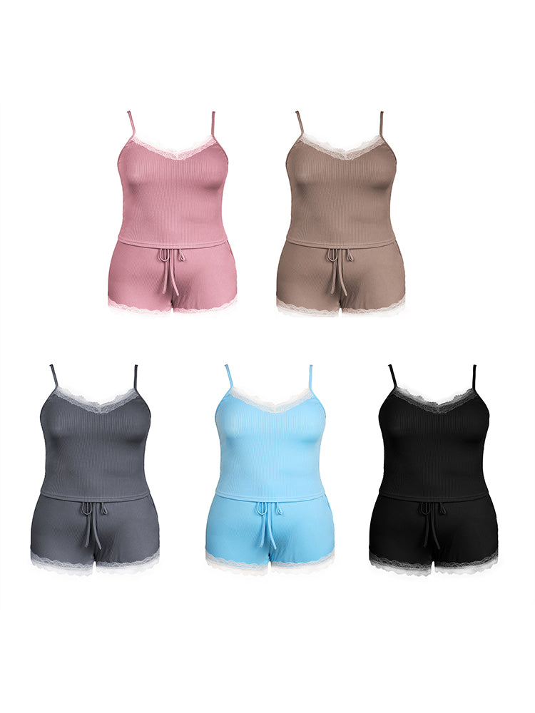 Summer Solid Color Lace Trim Camisole Pajamas Set