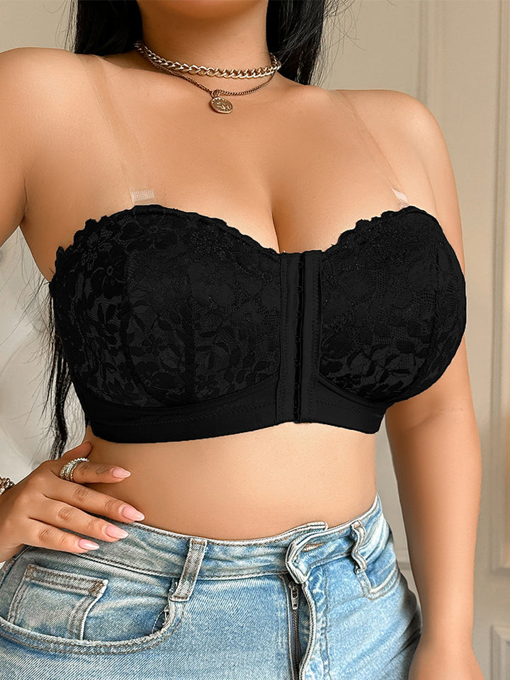 Front Closure Plus Size Push Up Bra - Floral Lace Embroidered Mesh Sheer