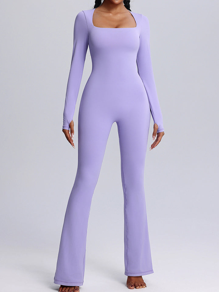 Seamless Full-Body Long-Sleeve Yoga One-Pieces with Square Neckline