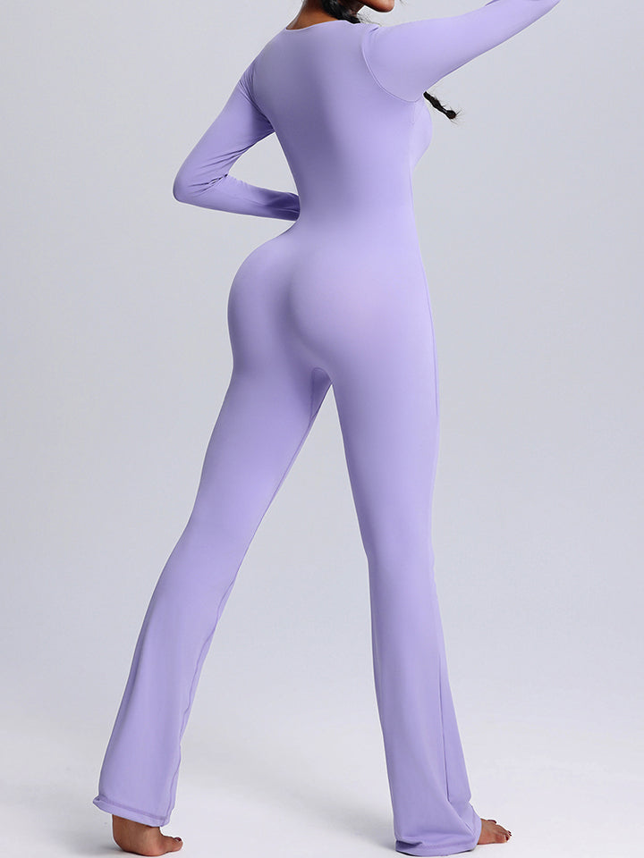 Seamless Full-Body Long-Sleeve Yoga One-Pieces with Square Neckline