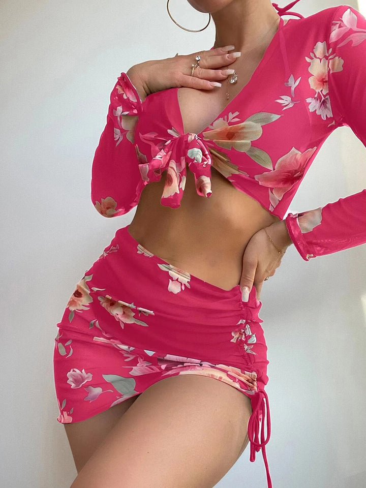 Solid Color Bikini Set with Printed Cover-up Set