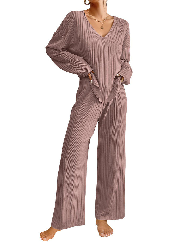 Ribbed Knit Lounge Set with V-Neck for Women