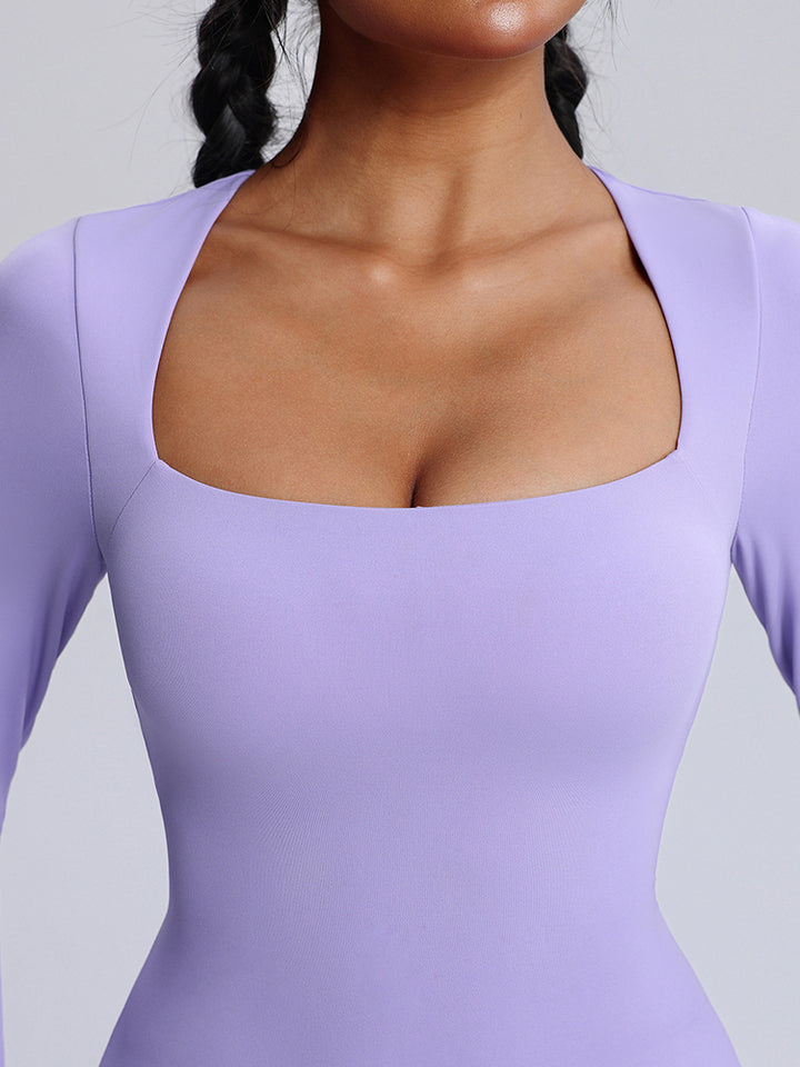 Seamless Full-Body Long-Sleeve Yoga One-Pieces with Square Neckline