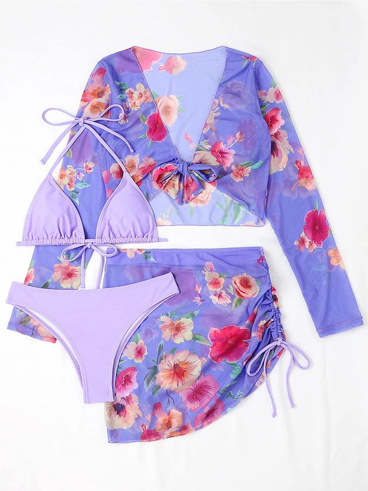 Solid Color Bikini Set with Printed Cover-up Set