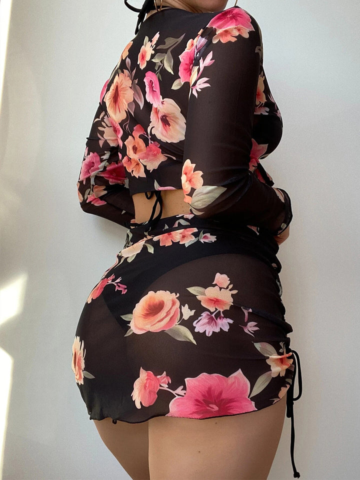 Solid Color Bikini Set with Printed Cover-up Set