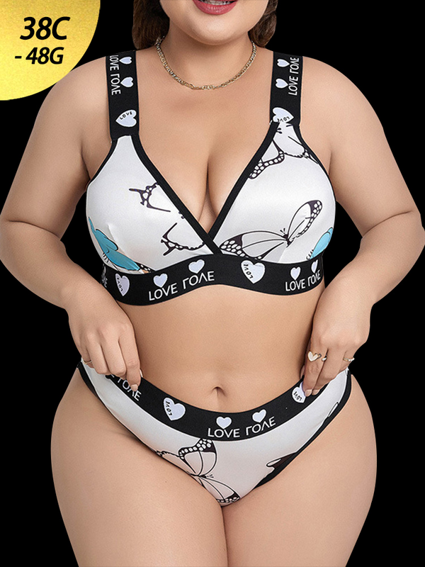 Butterfly Print Letter Tape Bra & Panty Lingerie Set