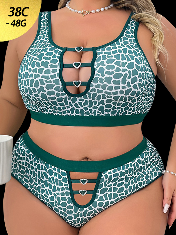 Sexy Hollow Out Green Leopard Print Wireless Lingerie Set