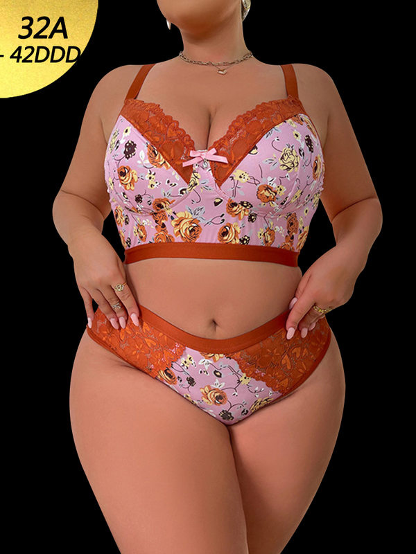 Floral Lace Trim Bra & Panty Lingerie Set
