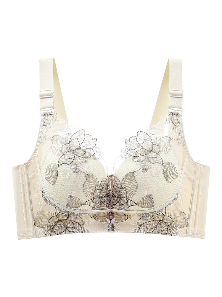 Lace Embroidery Flowers Unpadded Side Support Wireless Bra