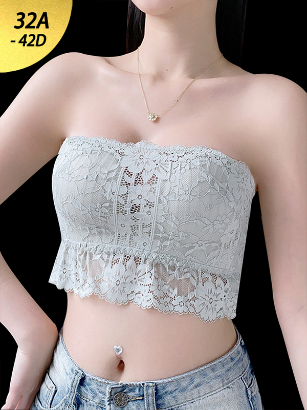 Thin Lace Strapless Bandeau Style Wire-Free Bra with Anti-Slip Design