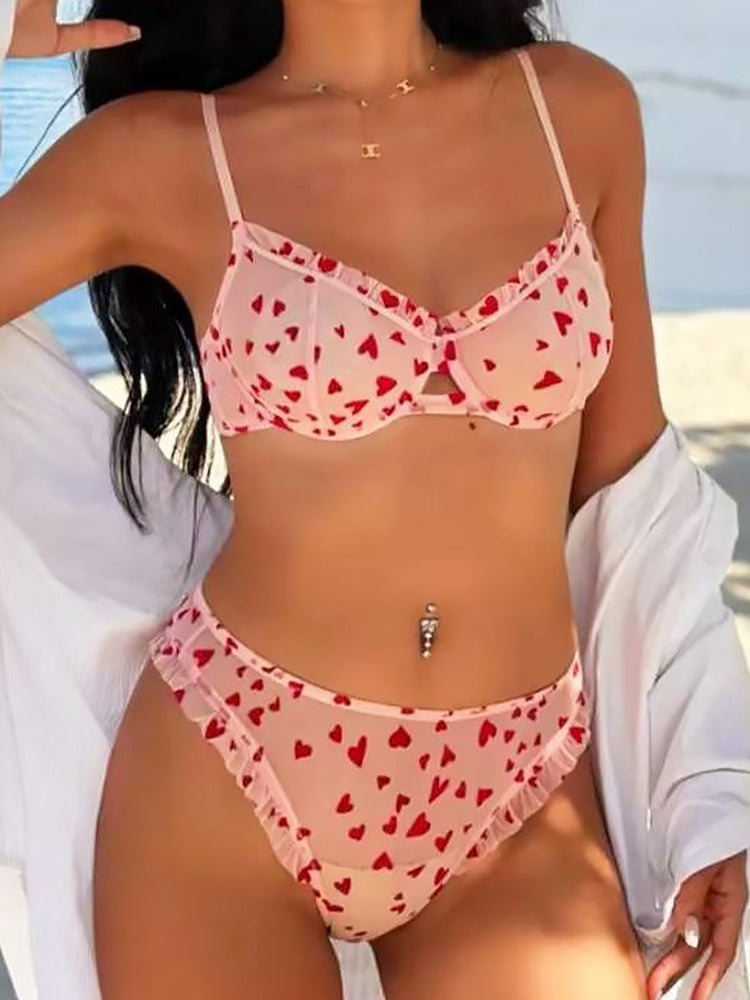 Heart-shaped Printed Mesh Lace Sexy Lingerie Set