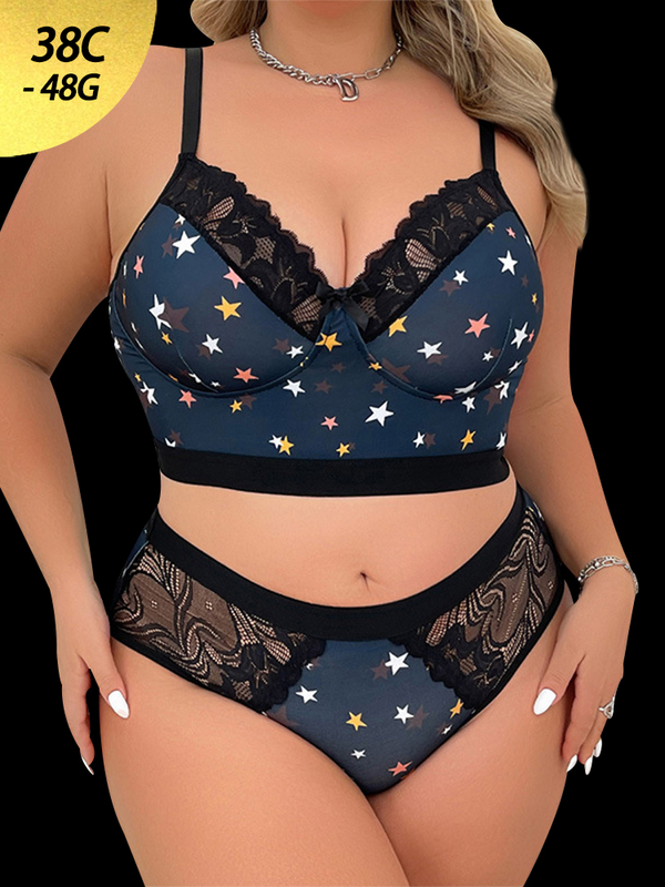 Sexy Star Print Lace Bralette and Panty Set