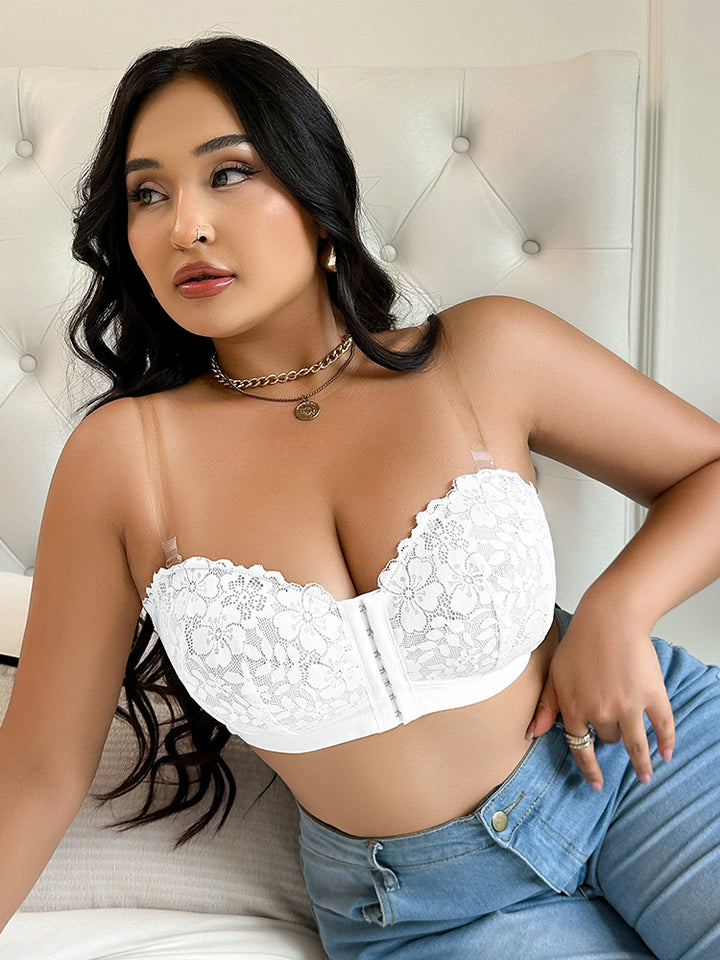 Front Closure Plus Size Push Up Bra - Floral Lace Embroidered Mesh Sheer