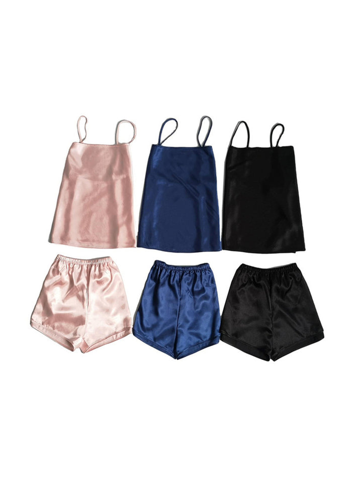 Solid Ice Silk Pajamas Suspenders Shorts Set
