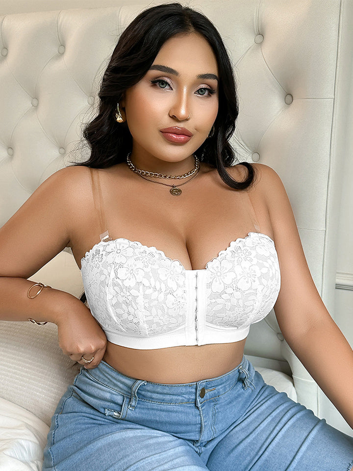 Front Closure Plus Size Push Up Bra - Floral Lace Embroidered Mesh Sheer