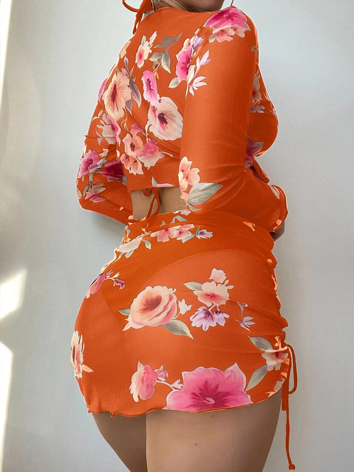 Solid Color Bikini Set with Printed Cover-up Set