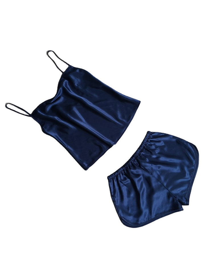 Solid Ice Silk Pajamas Suspenders Shorts Set