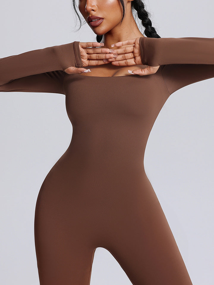 Seamless Full-Body Long-Sleeve Yoga One-Pieces with Square Neckline