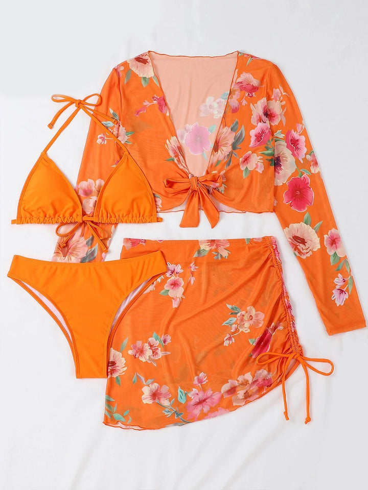 Solid Color Bikini Set with Printed Cover-up Set