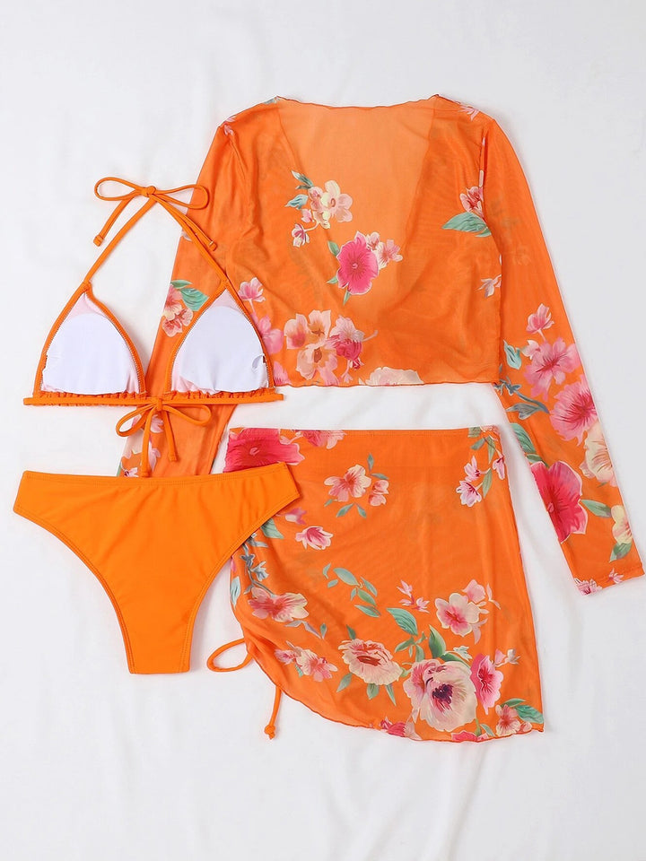 Solid Color Bikini Set with Printed Cover-up Set