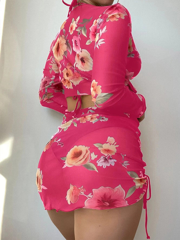 Solid Color Bikini Set with Printed Cover-up Set