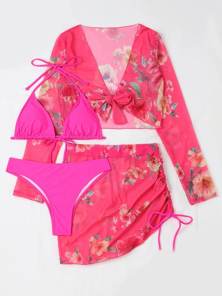 Solid Color Bikini Set with Printed Cover-up Set