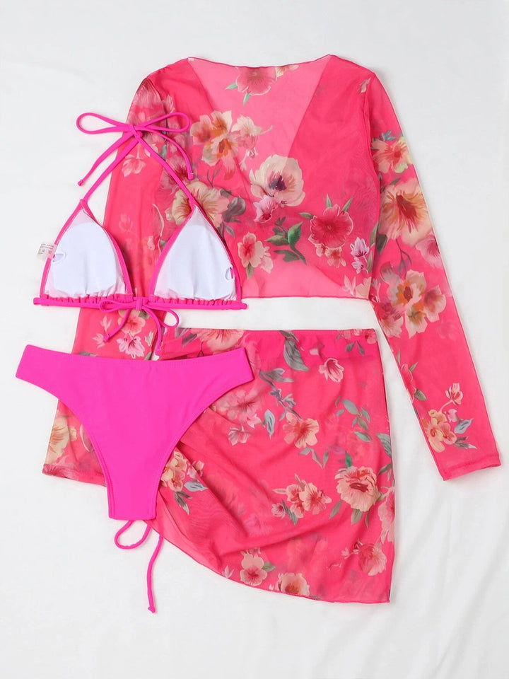 Solid Color Bikini Set with Printed Cover-up Set