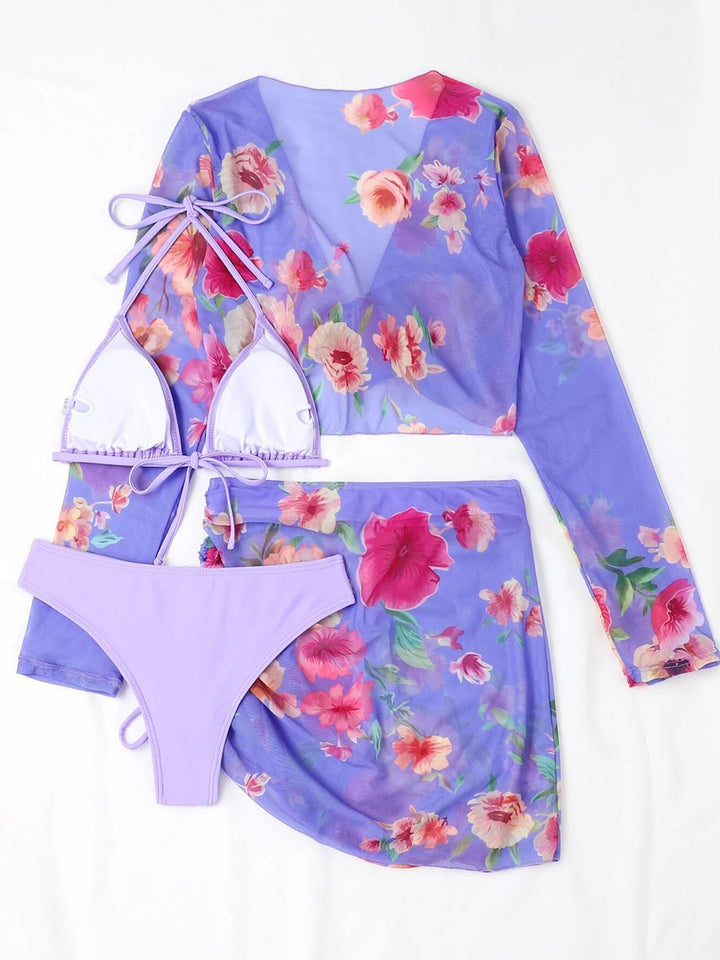 Solid Color Bikini Set with Printed Cover-up Set